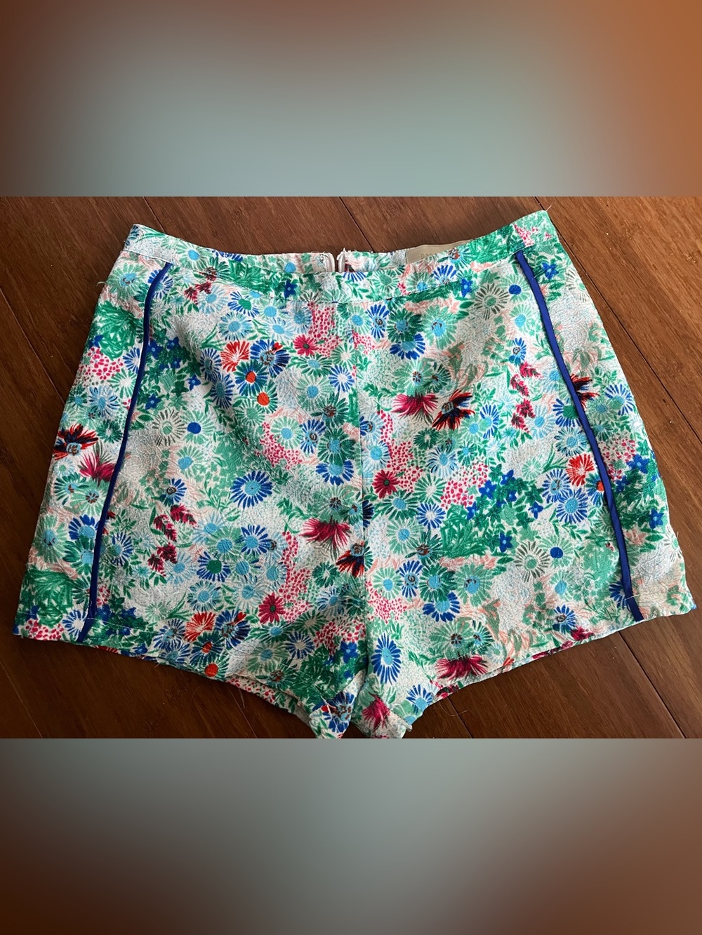 Dance & Marvel Green Floral High-Waist Shorts with Blue Trim